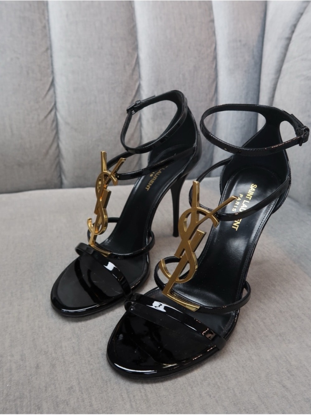 Saint Laurent Black Patent YSL Logo Stiletto Sandals